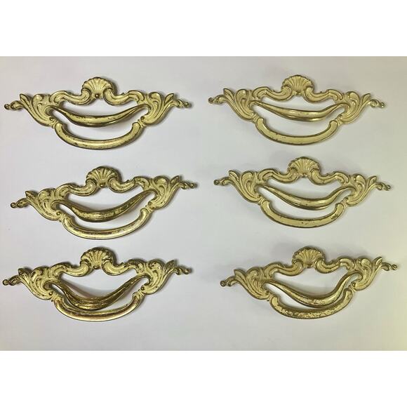 Vtg Brass & Enamel Drawer Pulls Regency Provincial Dresser Hardware Handles (6) - Picture 1 of 6